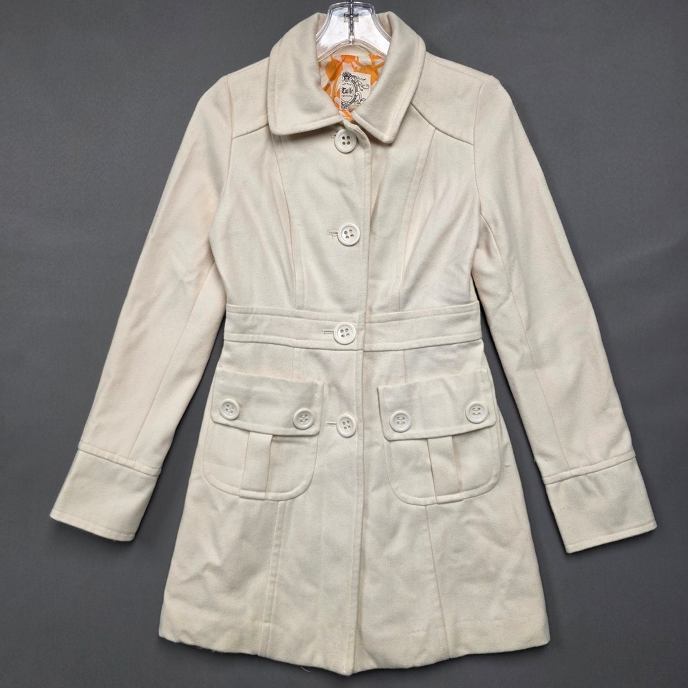 Tulle Pea Coat Women's Wool Blend Mod Retro Trench Cream XS